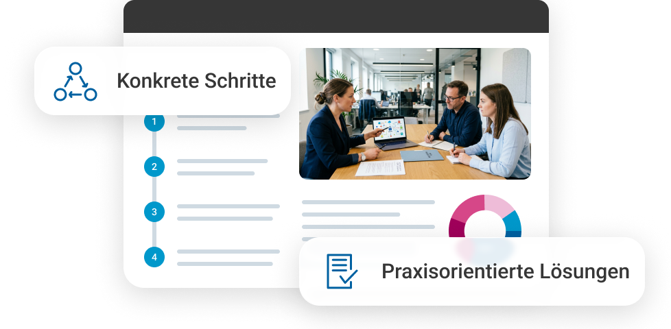 Drei Personen in einem B&uuml;ro diskutieren &uuml;ber praxisorientierte L&ouml;sungen und konkrete Schritte.