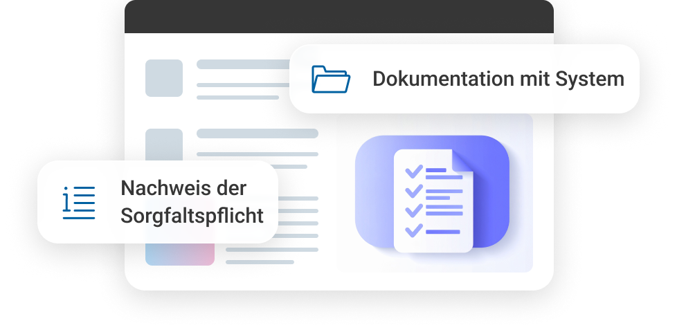 Dokumentationsoberfl&auml;che mit Symbolen f&uuml;r Sorgfaltspflicht und systematische Organisation.