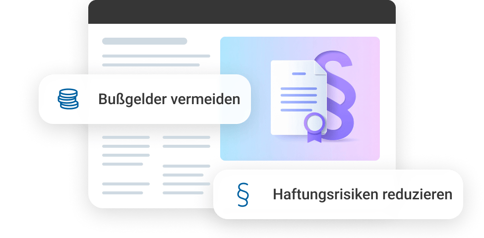 Grafik mit Dokumenten und Symbolen, die Bu&szlig;gelder vermeiden und Haftungsrisiken reduzieren.