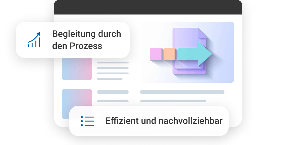 Grafik mit Texten zu Prozessbegleitung und Effizienz, erg&auml;nzt durch Diagramme und Pfeile in sanften Farben.