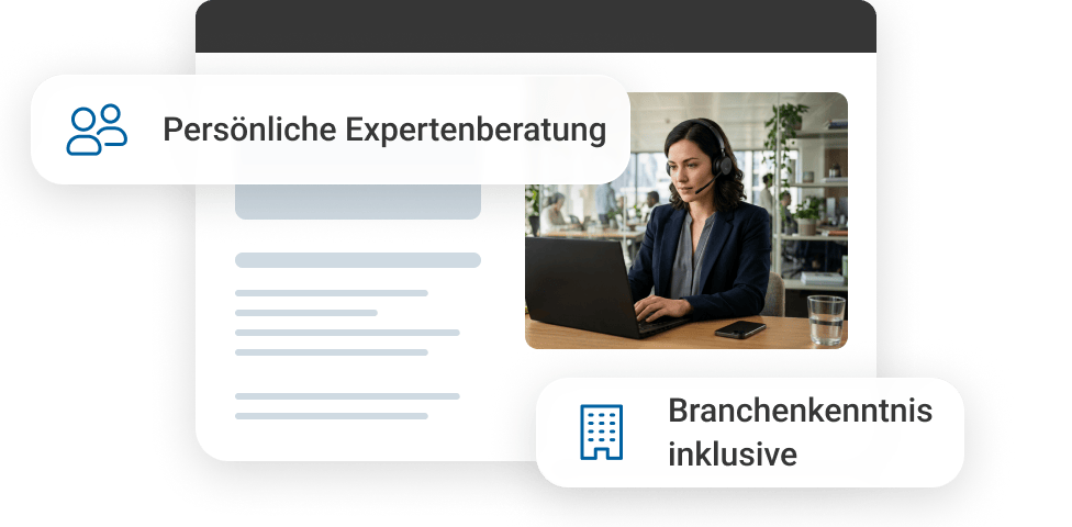 Frau am Laptop mit Textinformationen zu pers&ouml;nlicher Expertenberatung und Branchenkenntnis.