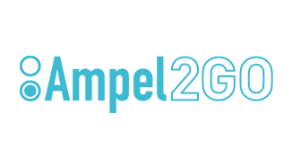Logo von Ampel2GO in blauer Schrift mit stilisierten Ampelsymbolen.