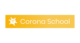 Logo der Corona School in gelber Schrift mit einem stilisierten Virus-Symbol.