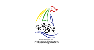 Logo der Inklusionspiraten: stilisierte Segelyacht mit bunten Segeln, umgeben von Figuren und Wellen.