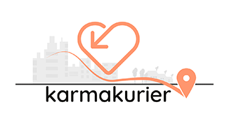 Logo von Karmakurier mit einem Herzsymbol, einer Pfeilrichtung und einer Standortmarkierung über einer stilisierten Stadtlandschaft.