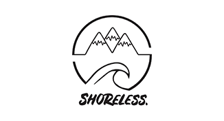 Logo mit einem Wellenmotiv und Bergen in einem runden Design, darunter der Schriftzug "SHORELESS.