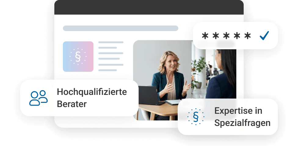 Eine Gesch&auml;ftsfrau spricht mit einer Klientin, umgeben von Textfeldern zu Beratung und Expertise.