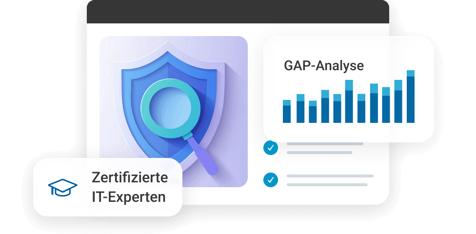 Grafik mit einem Sch&uuml;tzen-Symbol, einem Forschungsvergr&ouml;&szlig;erungsglas und Diagrammen zur GAP-Analyse von IT-Experten.