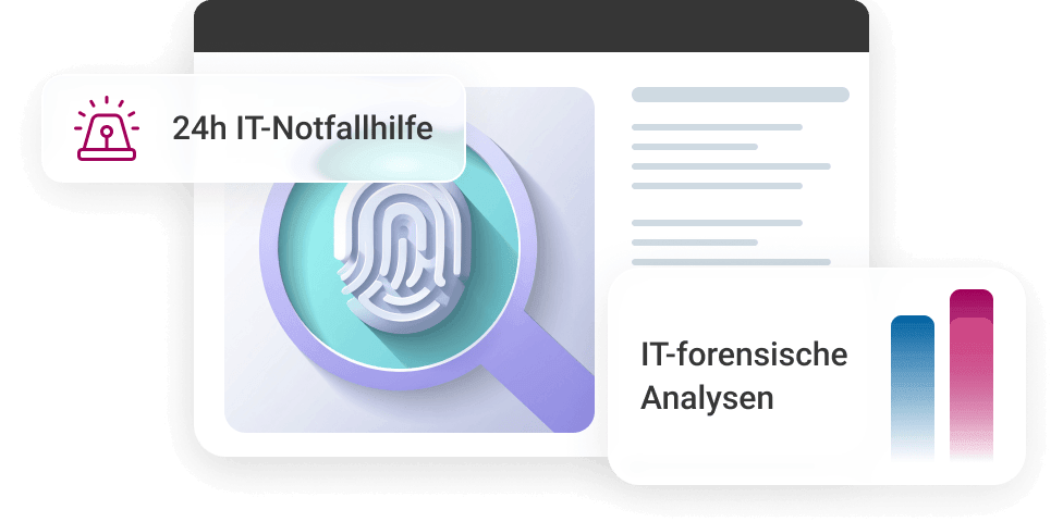 Grafik mit Lupe, Fingerabdruck und Text zu IT-Notfallhilfe und forensischen Analysen.