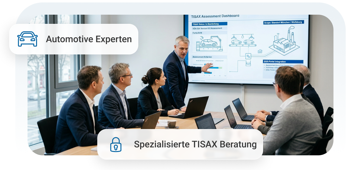 Ein Team von Fachleuten präsentiert eine TISAX-Dashboard-Analyse in einem modernen Konferenzraum.