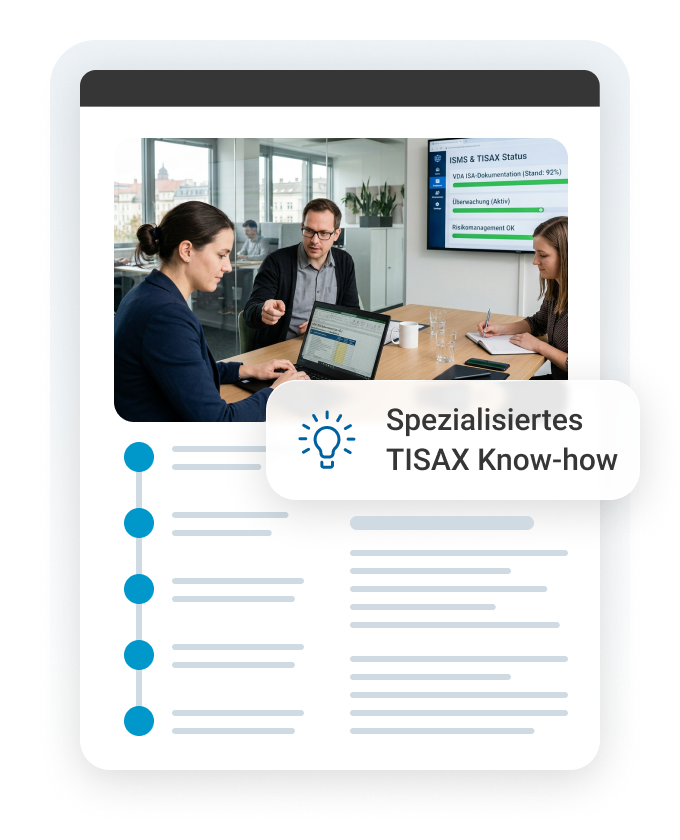 Zwei Fachleute besprechen TISAX-Themen an einem Laptop in einem modernen Büro mit Präsentationsbildschirm.