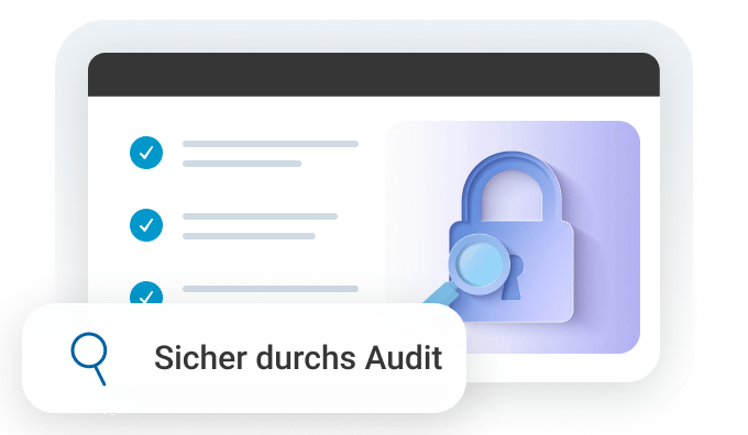 Grafik mit einem Schloss und einer Lupe, die Sicherheit durch ein Audit symbolisieren. Liste und Häkchen im Hintergrund.