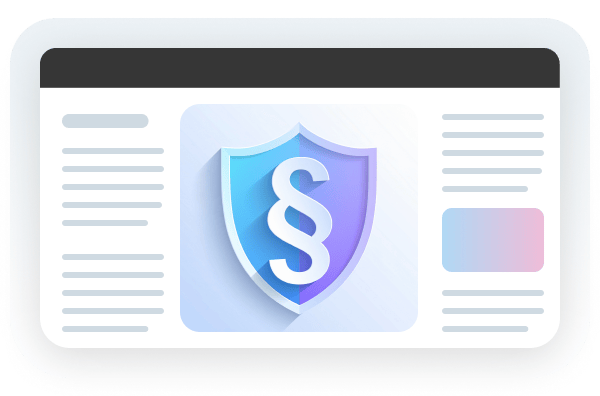 Grafik eines Schildes mit Paragraphensymbol, umgeben von Textfeldern, symbolisiert rechtlichen Schutz.