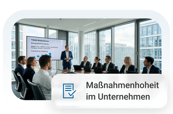 Eine Besprechung in einem modernen Büro mit Präsentation zu TISAX-Maßnahmen und einem Team von sieben Personen.