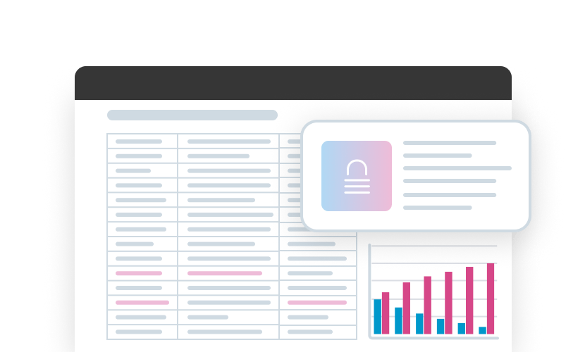 Ein digitales Dashboard mit Datenzeilen, einem Diagramm und einem Sicherheits-Symbol.