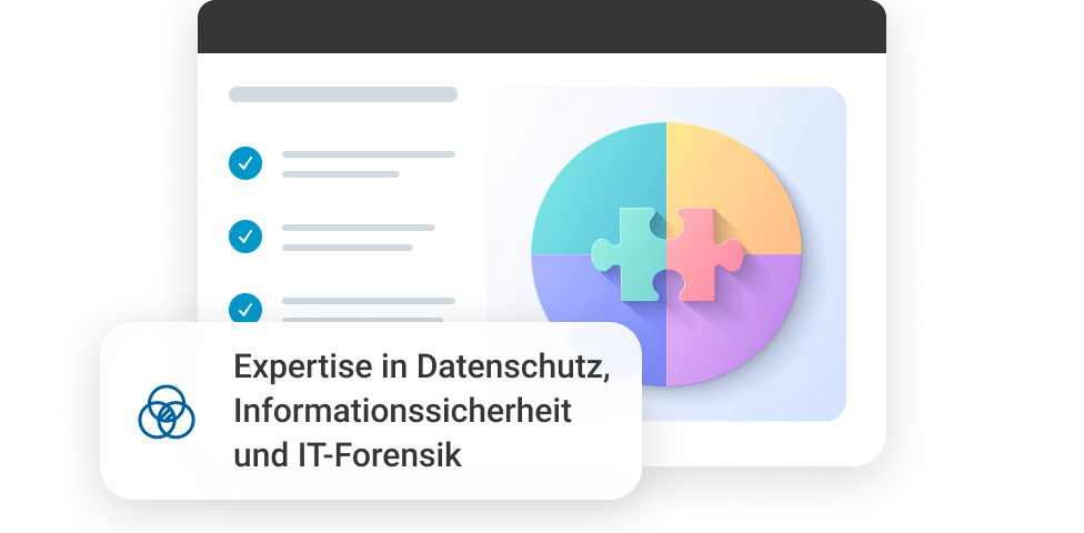 Grafik mit einem Puzzle und Text zu Expertise in Datenschutz, Informationssicherheit und IT-Forensik.