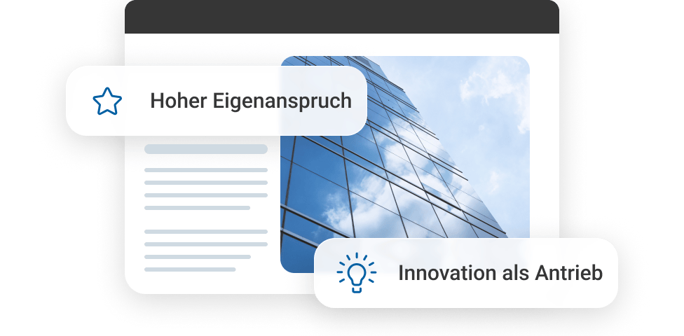Modernes Geb&auml;ude mit reflektierendem Glas, umgeben von Texten zu Eigenanspruch und Innovation.