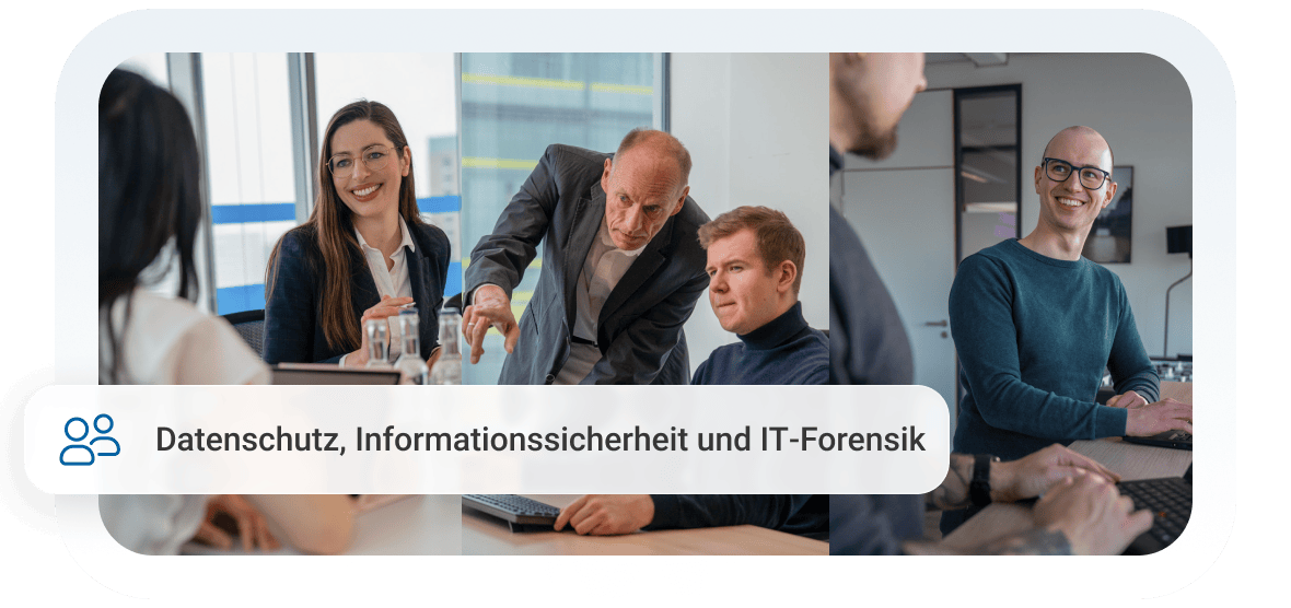 Professionelle Besprechung über Datenschutz, Informationssicherheit und IT-Forensik mit mehreren Personen in einem modernen Büro.