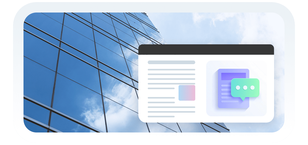 Moderne Bürogebäude; im Vordergrund ein Informationsfenster mit Text und Symbolen.