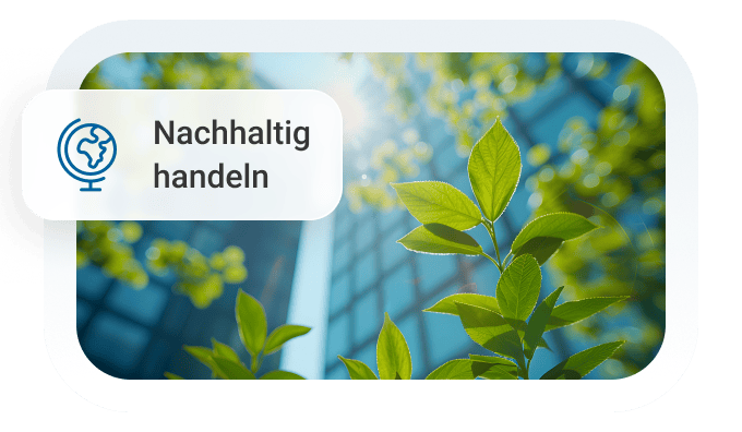 Grüne Blätter vor einem modernen Gebäude, symbolisieren nachhaltiges Handeln.
