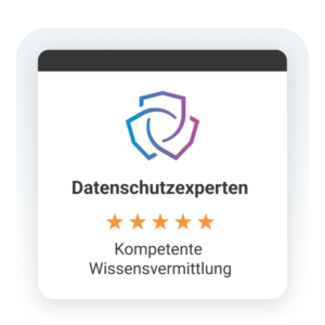 Logo eines Datenschutzexperten mit f&uuml;nf Sternen und dem Text "Kompetente Wissensvermittlung".
