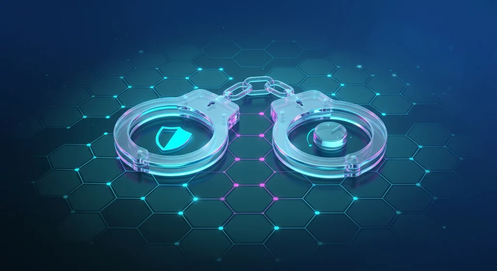 Transparente Handfesseln auf einem hexagonalen Hintergrund mit leuchtenden, digitalen Elementen.