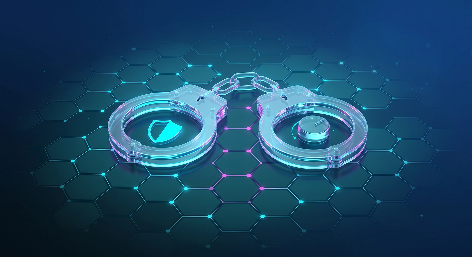 Transparente Handfesseln auf einem hexagonalen Hintergrund mit leuchtenden, digitalen Elementen.