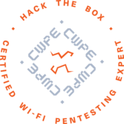Logo von "Certified Wi-Fi Pentesting Expert" mit dem Schriftzug "Hack The Box" und grafischen Elementen in orange und grau.