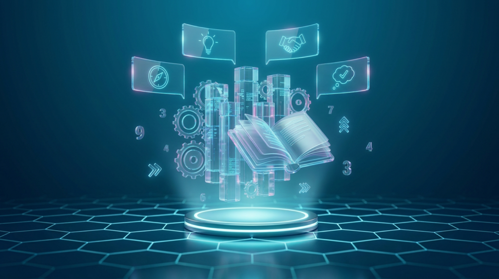Ein offenes Buch umgeben von digitalen Symbolen und miteinander verbundenen Elementen in einem futuristischen, blauen Raum.